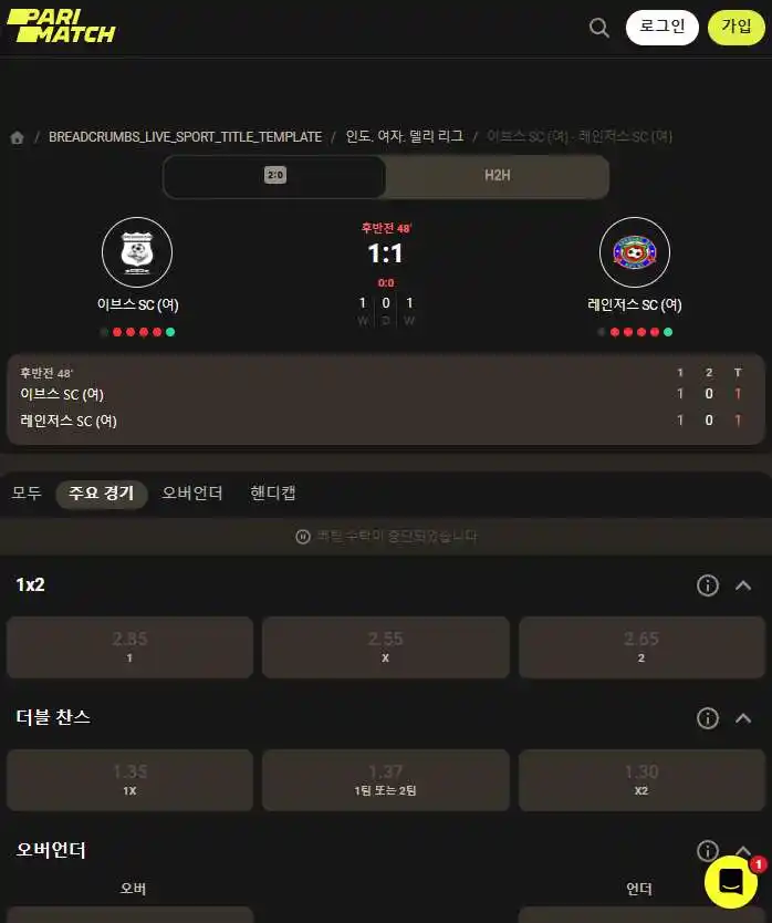 스포츠 라인에서의 베팅 옵션 및 배당률